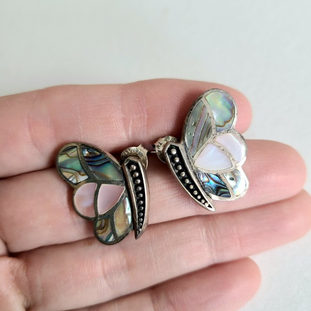 Sterling silver and abalone shell butterflies earrings.